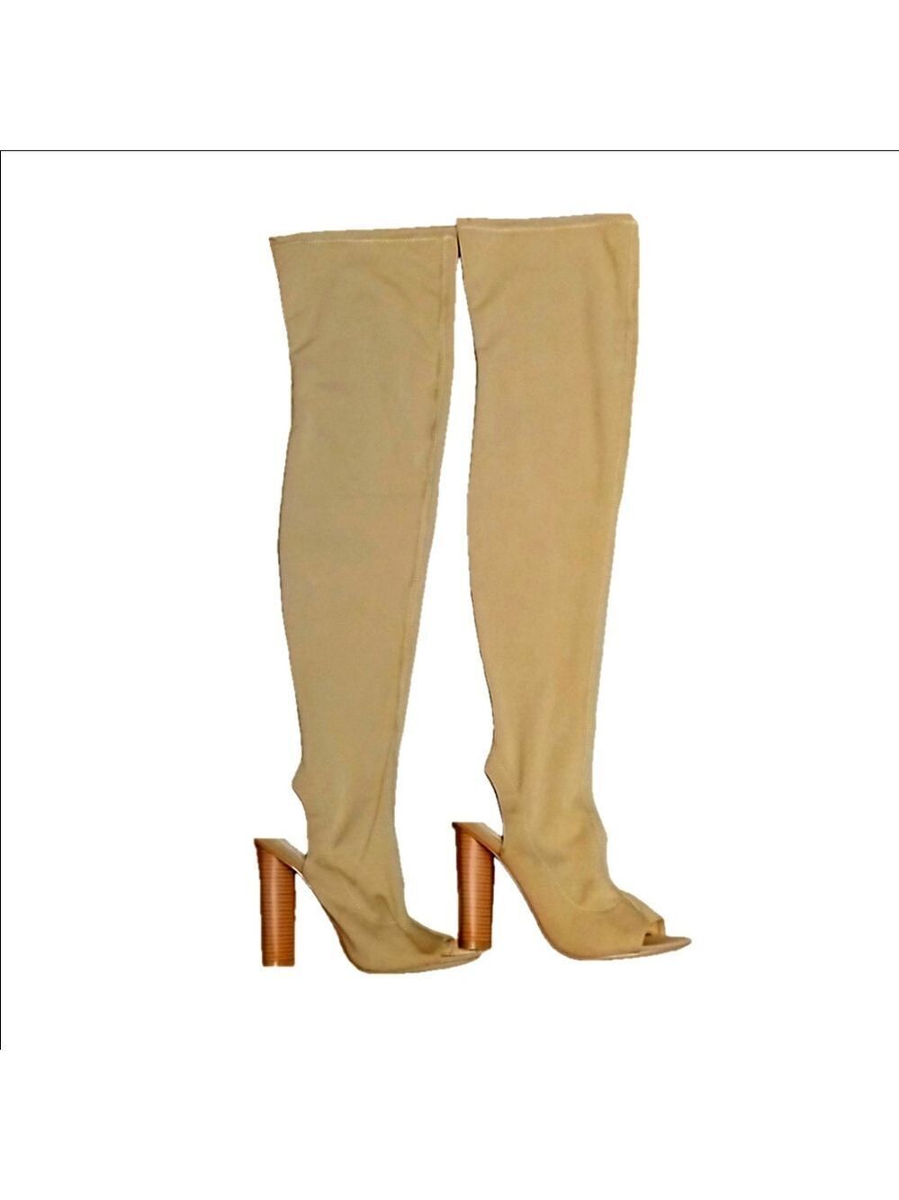 Public Desire Size 7 Tan Suede Peep-Toe Cutout Over-The-Knee Heel Boots - Picture 3 of 7